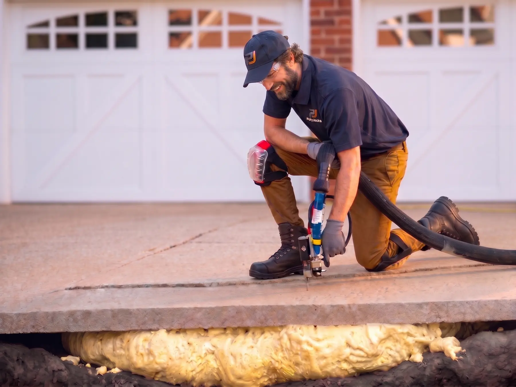 Illustrative render: a PolyJacks technician injecting polyurethane foam beneath a settled concrete driveway slab
