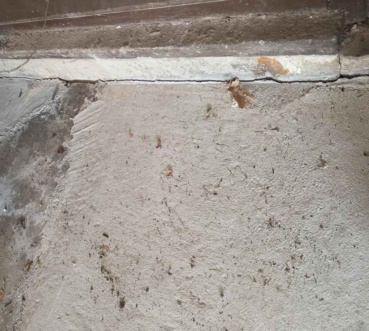 A settlement gap where a concrete slab has pulled away from a metal threshold -- PolyJacks concrete leveling serving Prairie Village, KS.