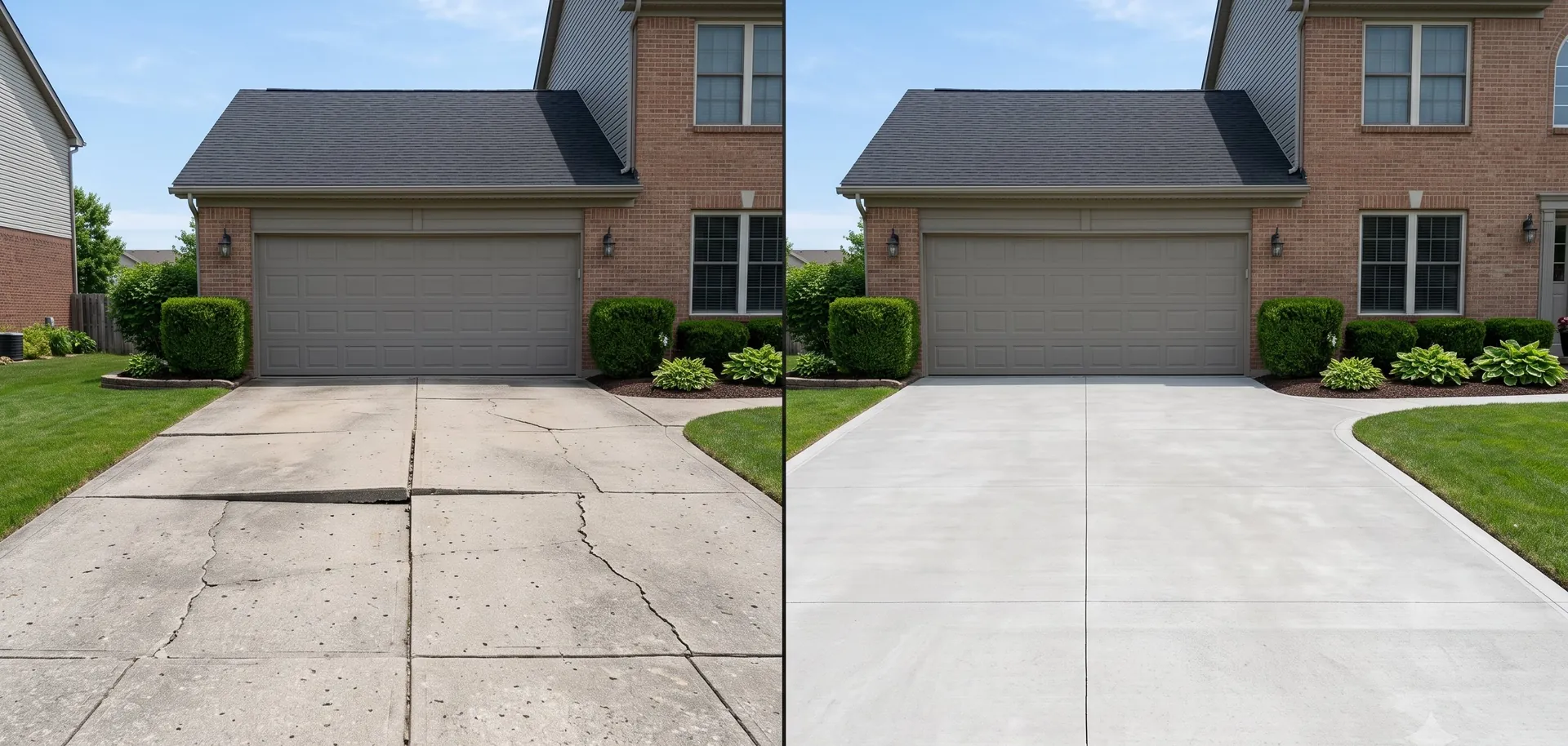Before-and-after illustration of a cracked concrete driveway leveled smooth -- PolyJacks concrete leveling serving De Soto, KS.