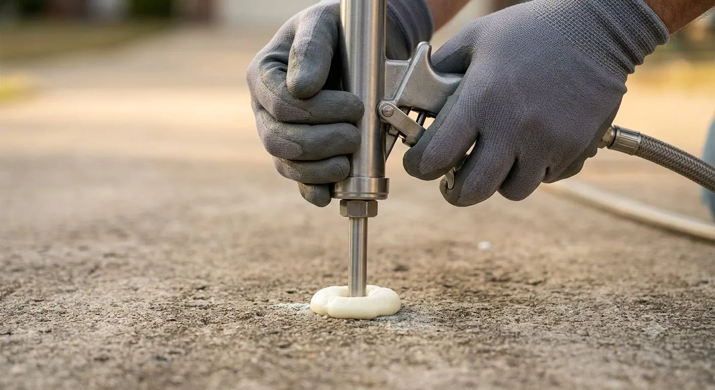 Close-up of gloved hands operating a foam injection gun on concrete -- PolyJacks concrete leveling serving Roeland Park, KS.